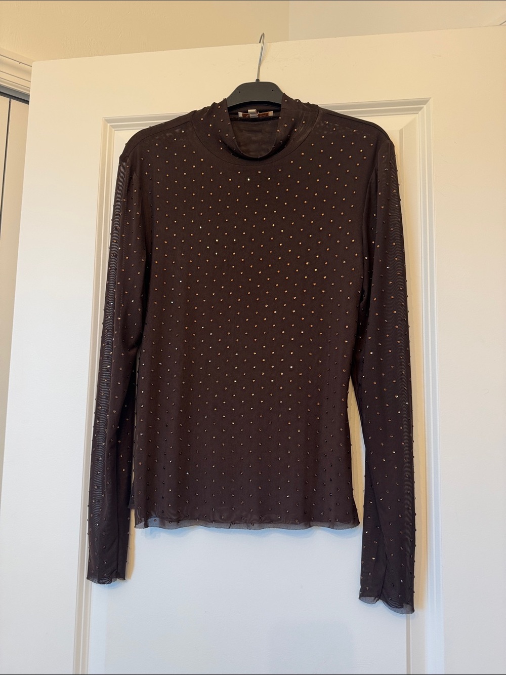 Skies Are Blue Brown Long-Sleeve Studded Mock Neck Top